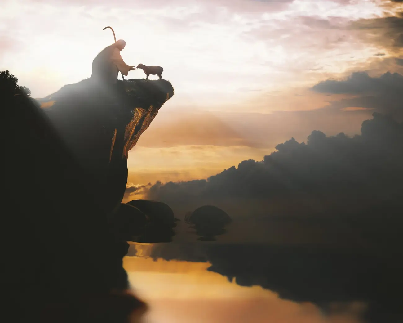 A shepherd on a cliff reaching out to a lamb at sunset